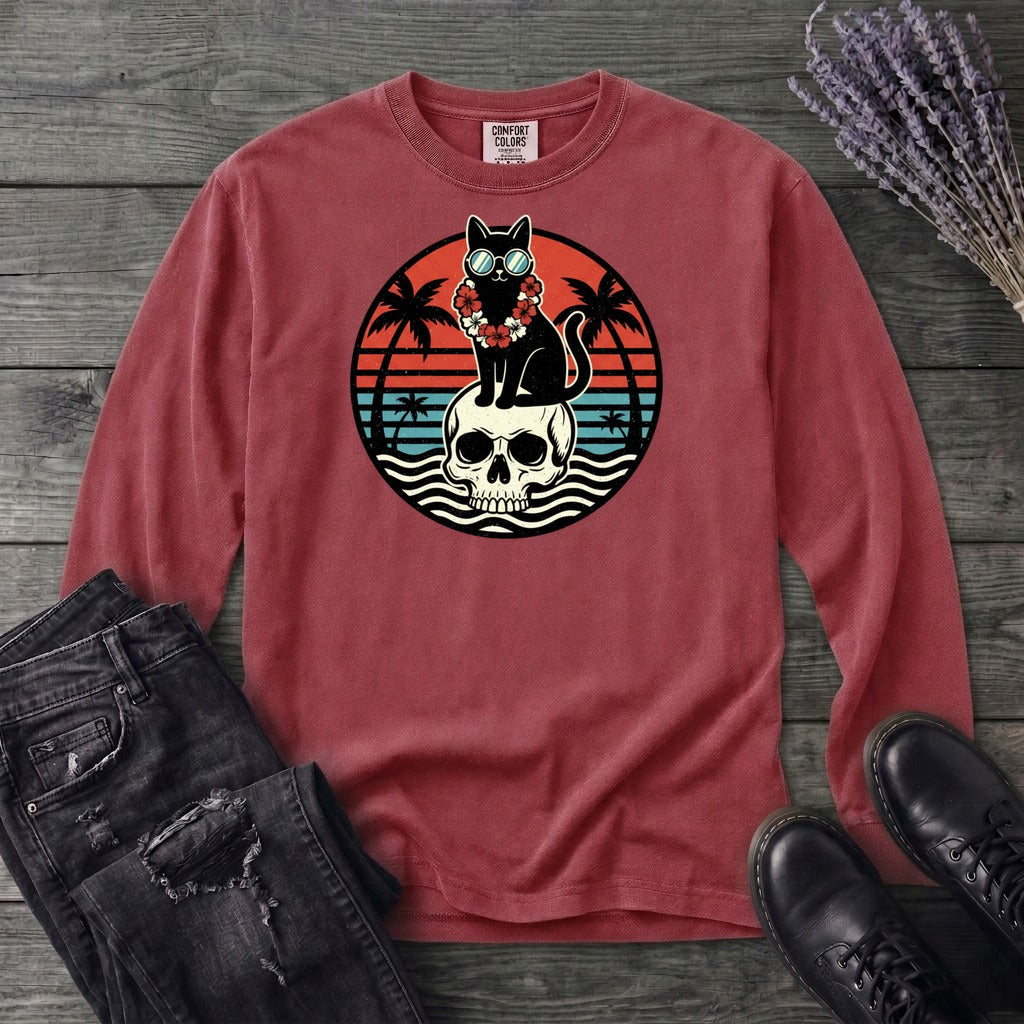 Tropical Cat and Skull Long Sleeve T-Shirt