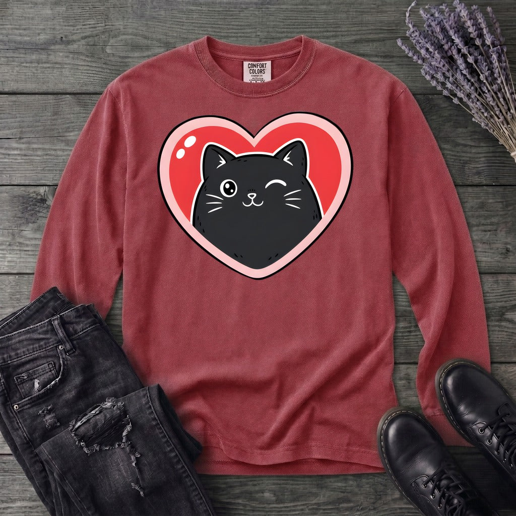 Winking Black Cat Heart Long Sleeve T-Shirt