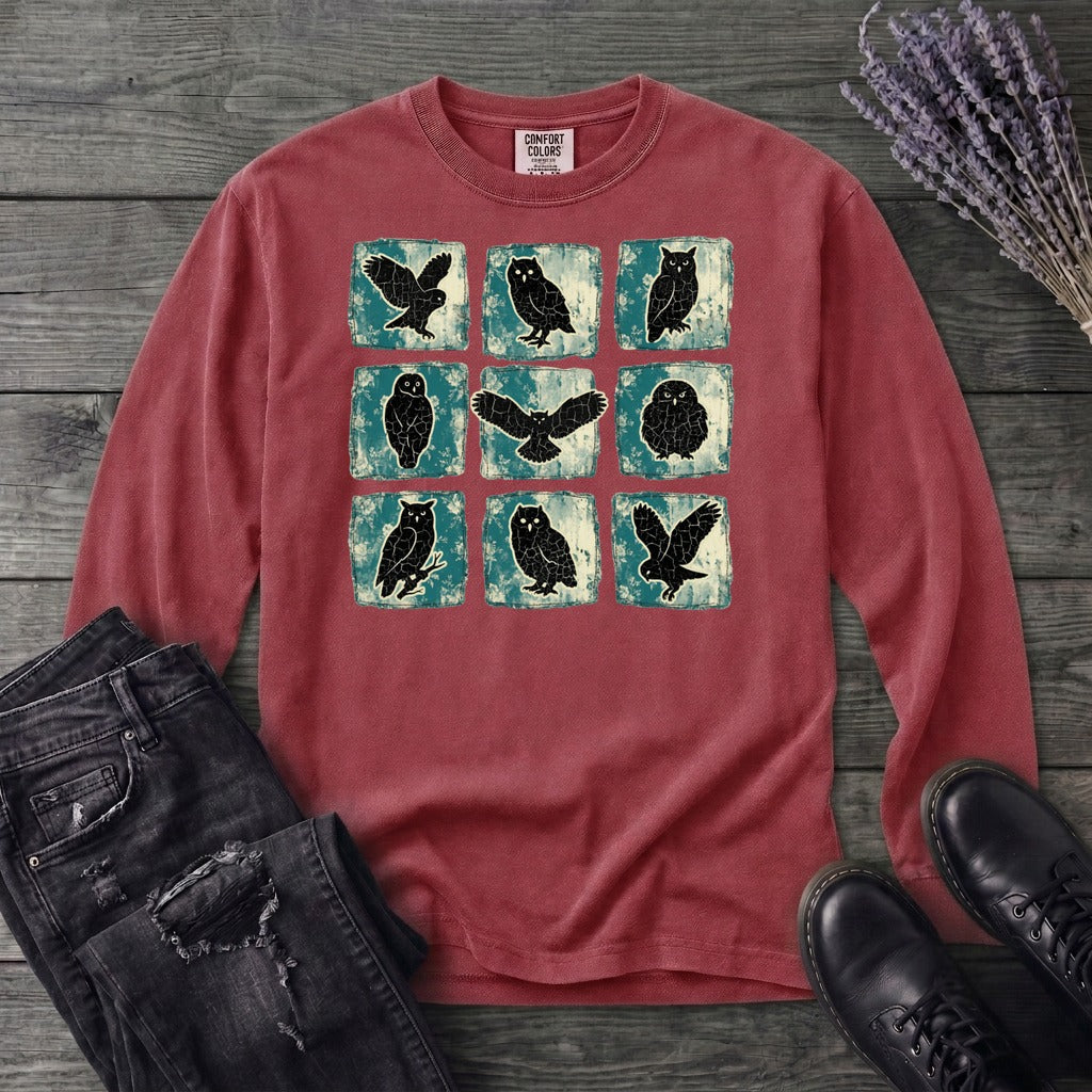 Grunge Owl Grid Long Sleeve T-Shirt