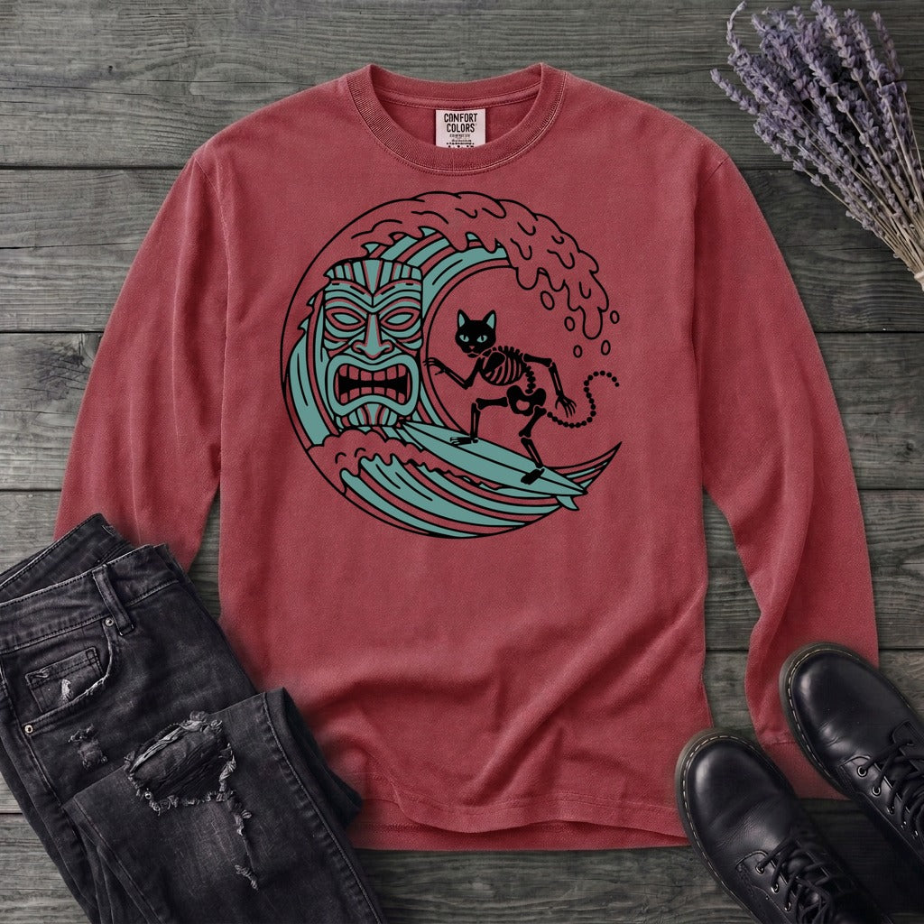 Surfing Cat Skeleton Long Sleeve T-Shirt