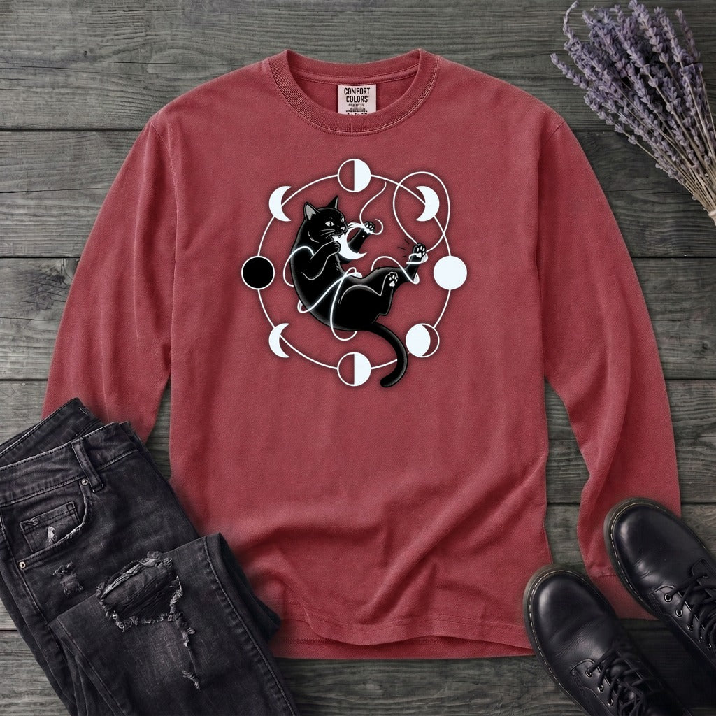 black cat pouncing on moon phases Long Sleeve T-Shirt
