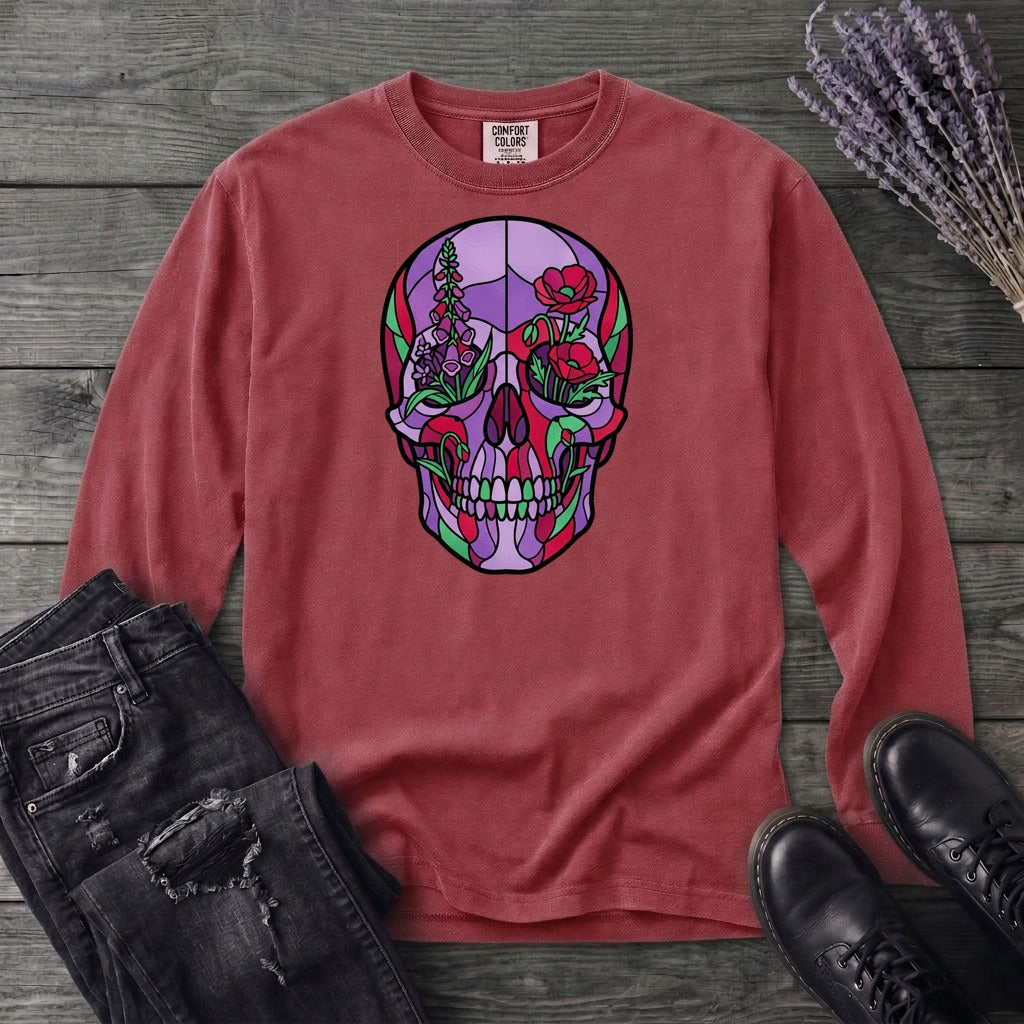 botanical stained glass skull Long Sleeve T-Shirt