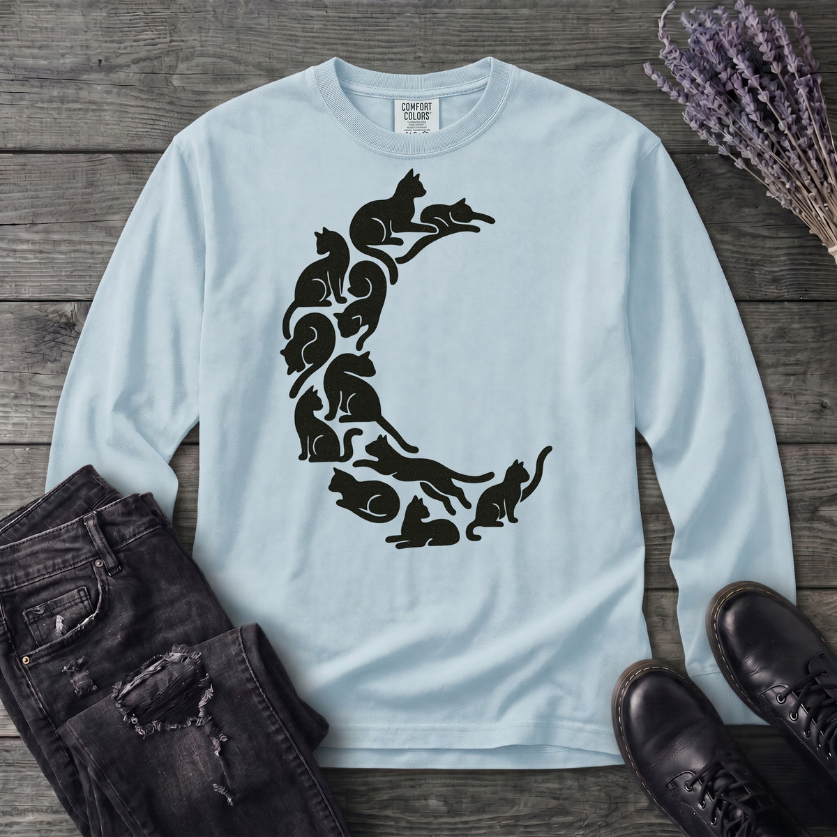 crescent moon black cats Long Sleeve T-Shirt