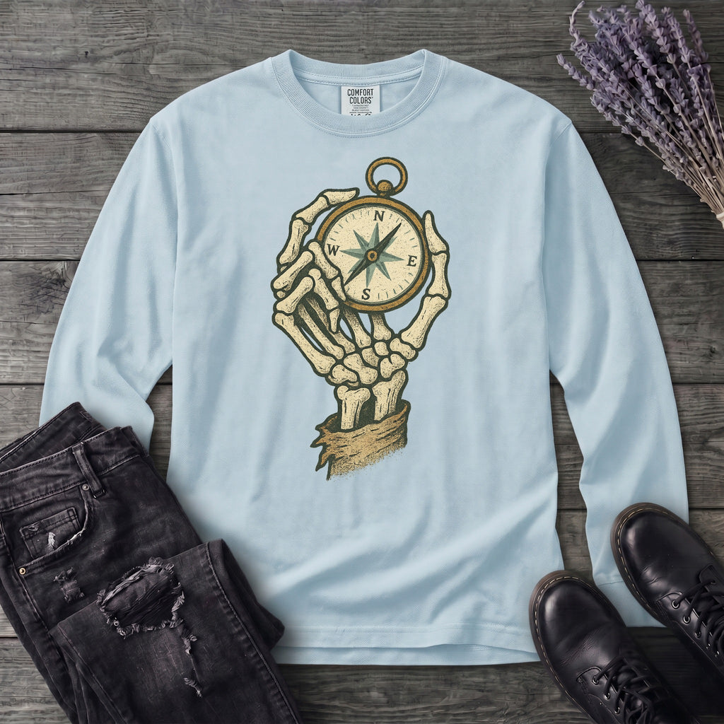 Nautical Compass Skeleton Hand Long Sleeve T-Shirt