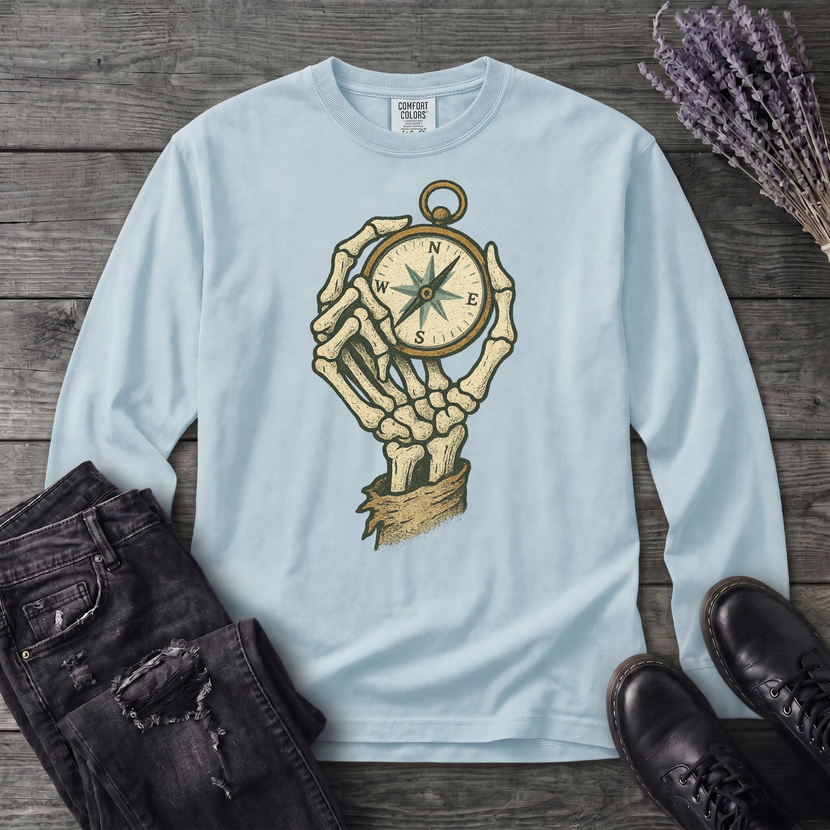 Nautical Compass Skeleton Hand Long Sleeve T-Shirt