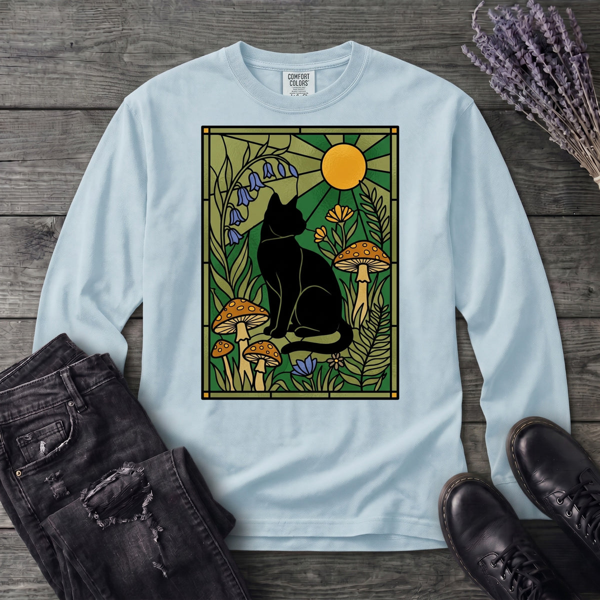 stained glass garden cat Long Sleeve T-Shirt