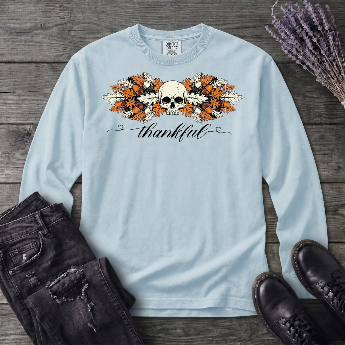 Thankful Leaf Swag Skull Long Sleeve T-Shirt