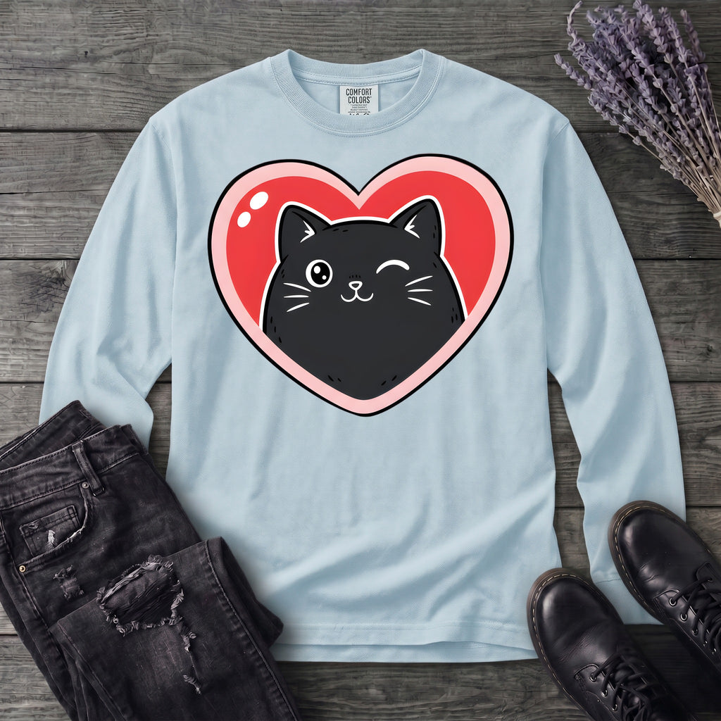 Winking Black Cat Heart Long Sleeve T-Shirt