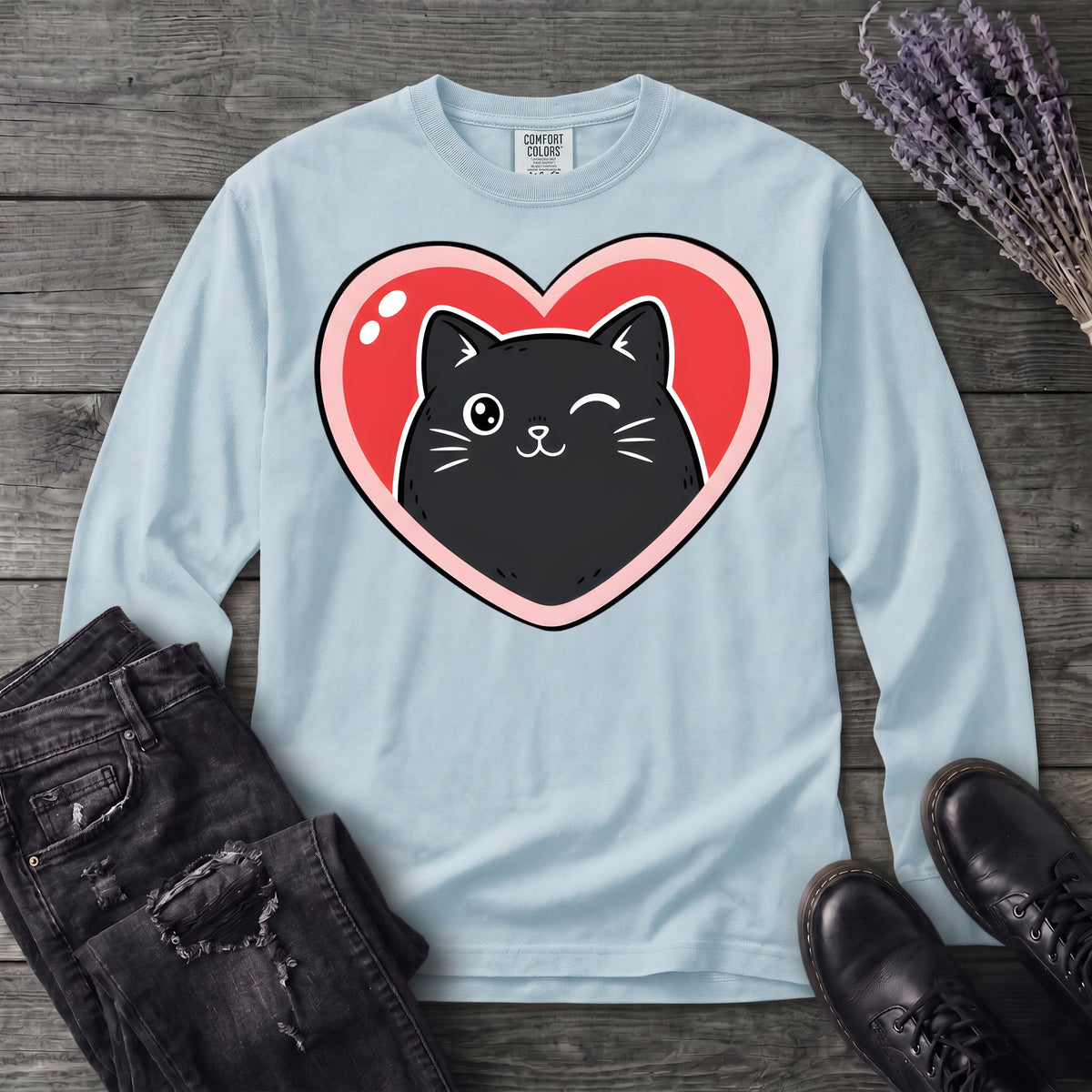 Winking Black Cat Heart Long Sleeve T-Shirt