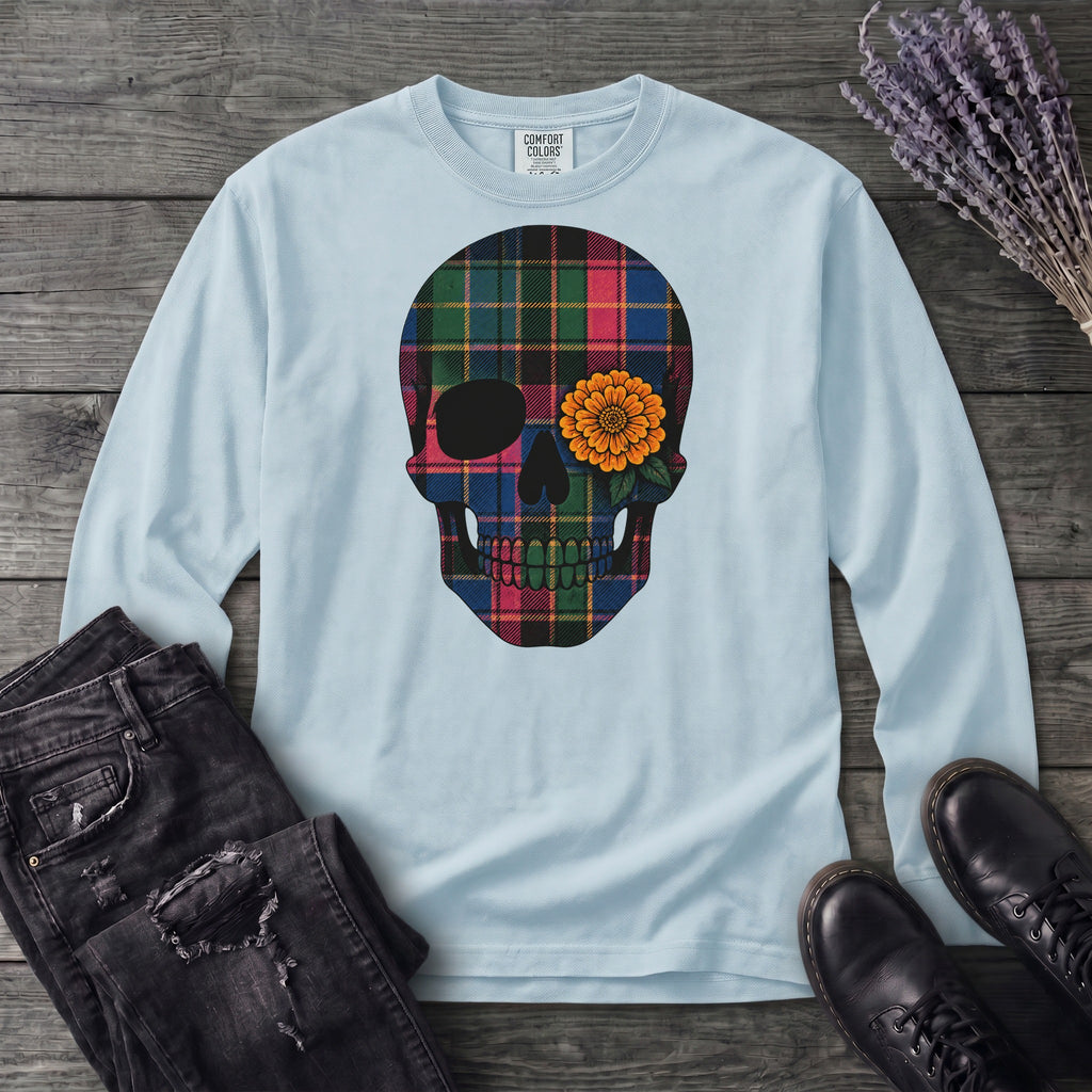 Bright Plaid Skull Long Sleeve T-Shirt