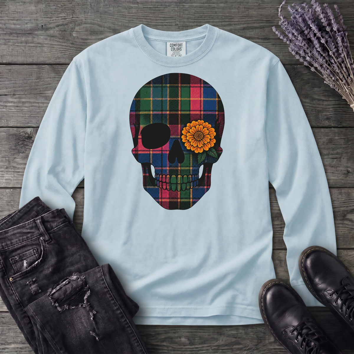 Bright Plaid Skull Long Sleeve T-Shirt