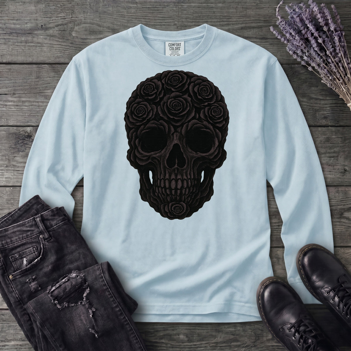 Black Rose Skull Long Sleeve T-Shirt