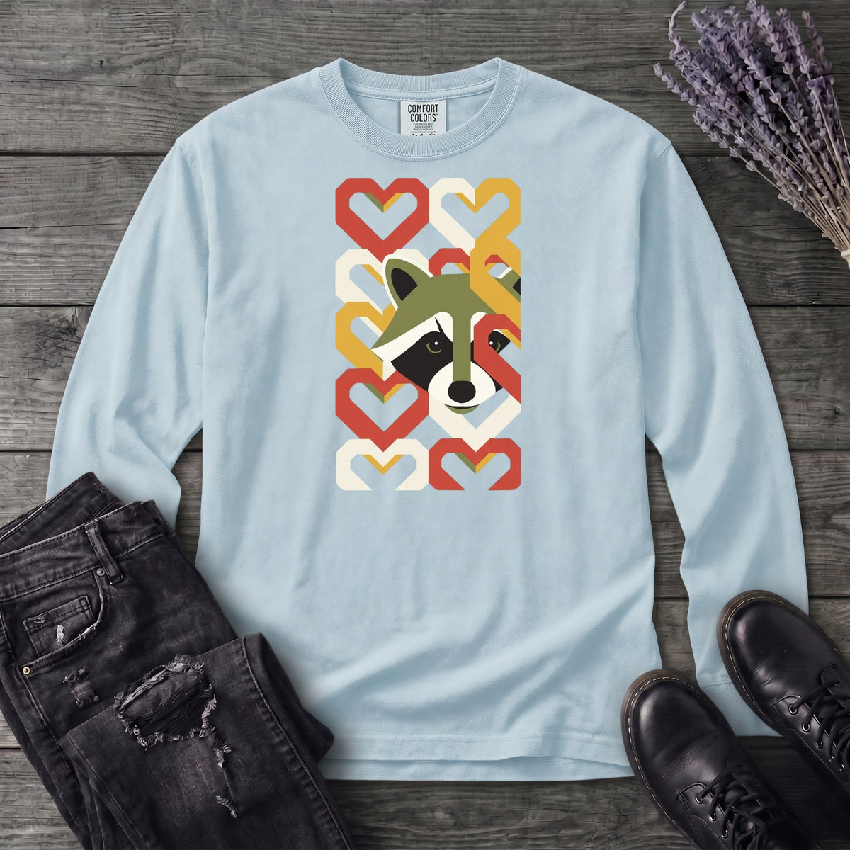 Geometric Hearts Raccoon Long Sleeve T-Shirt