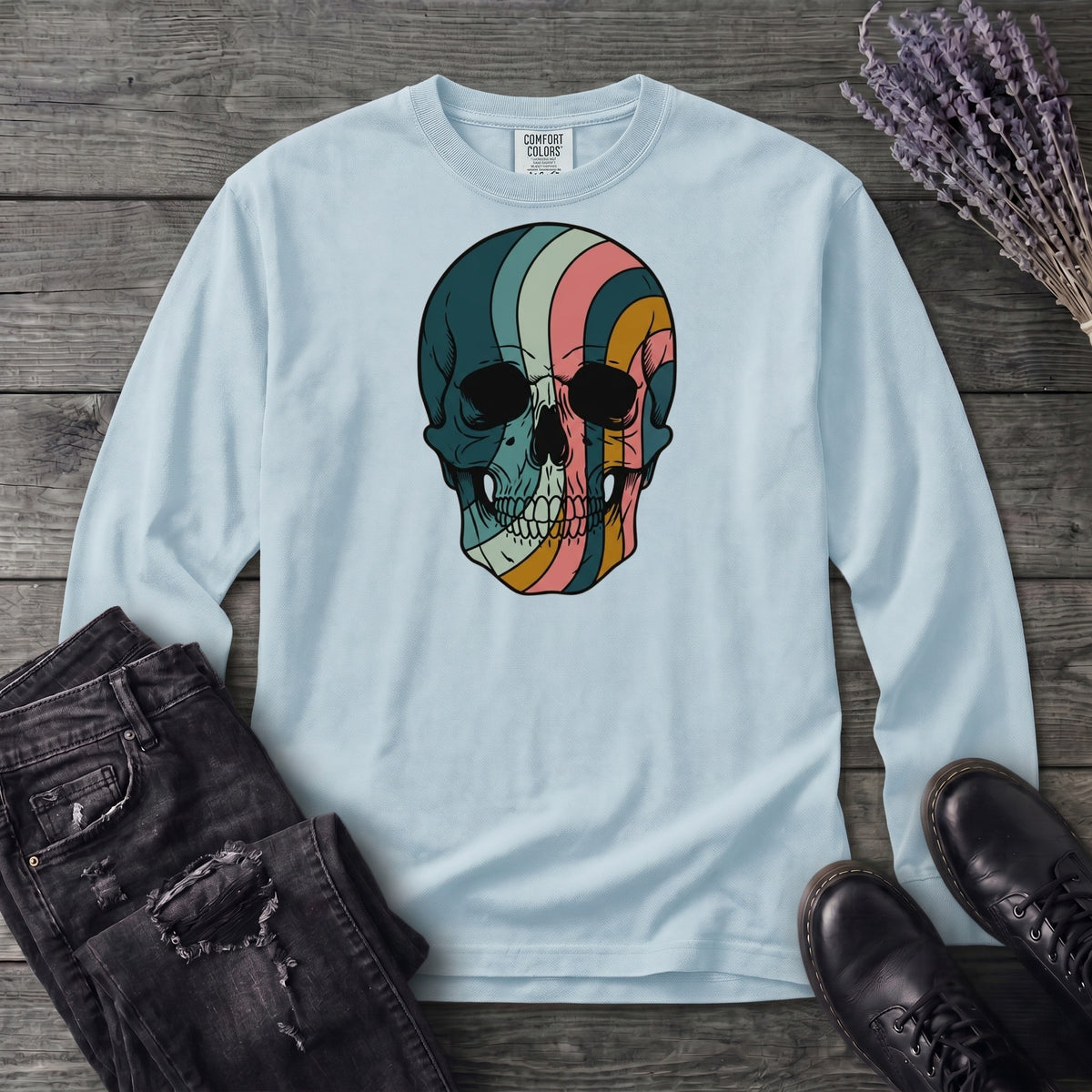 Psychedelic Striped Skull Long Sleeve T-Shirt
