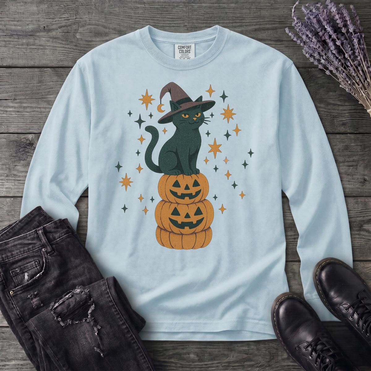 Stacked Cat and Pumpkins Long Sleeve T-Shirt