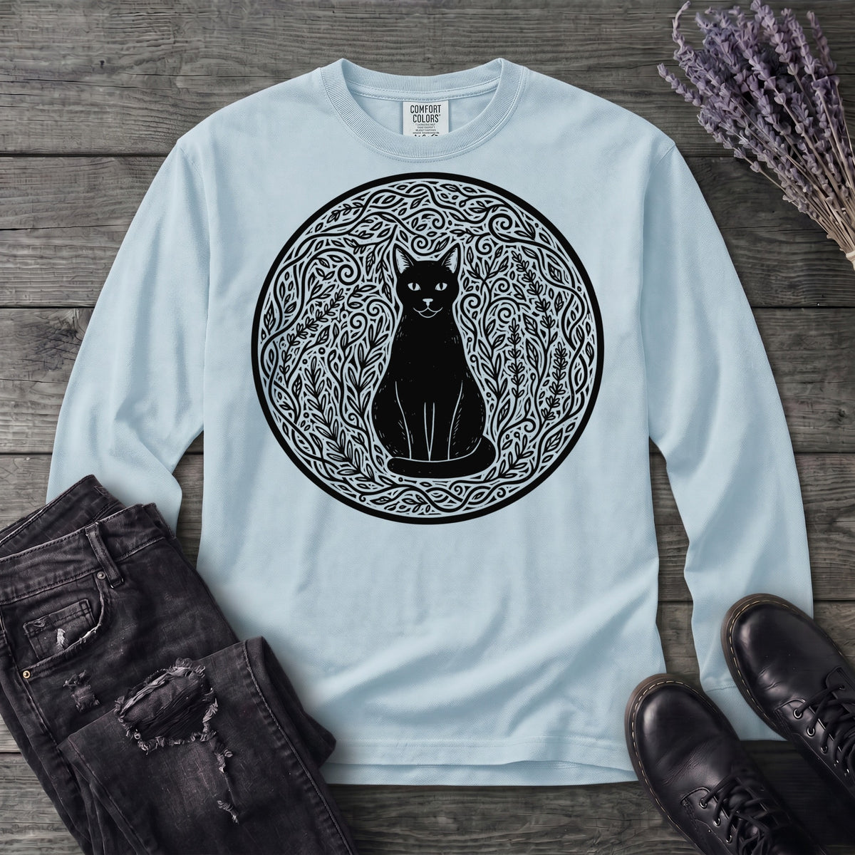 garden cat linocut Long Sleeve T-Shirt