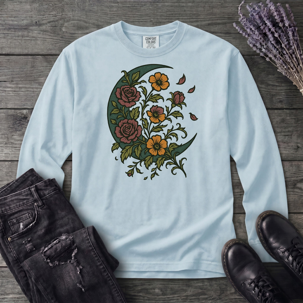 Crescent Moon Wildflowers Long Sleeve T-Shirt