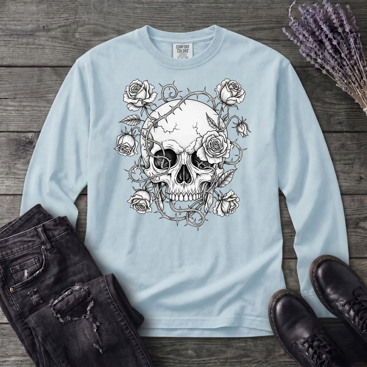 Macabre Floral Skull Long Sleeve T-Shirt
