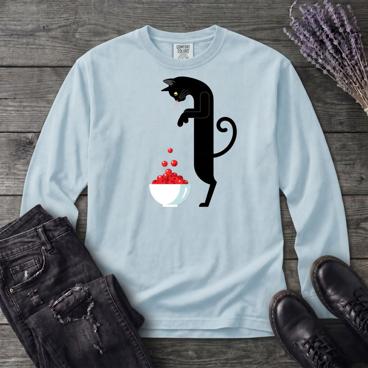 Black Cat And Cranberries Long Sleeve T-Shirt