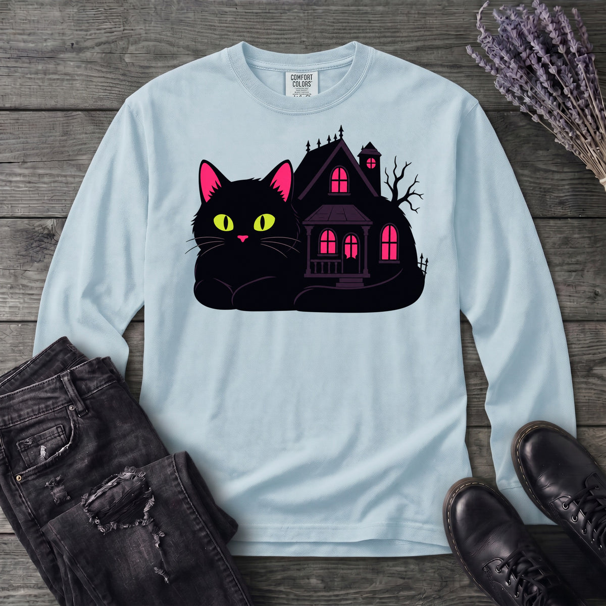 Black Cat Haunted House Long Sleeve T-Shirt
