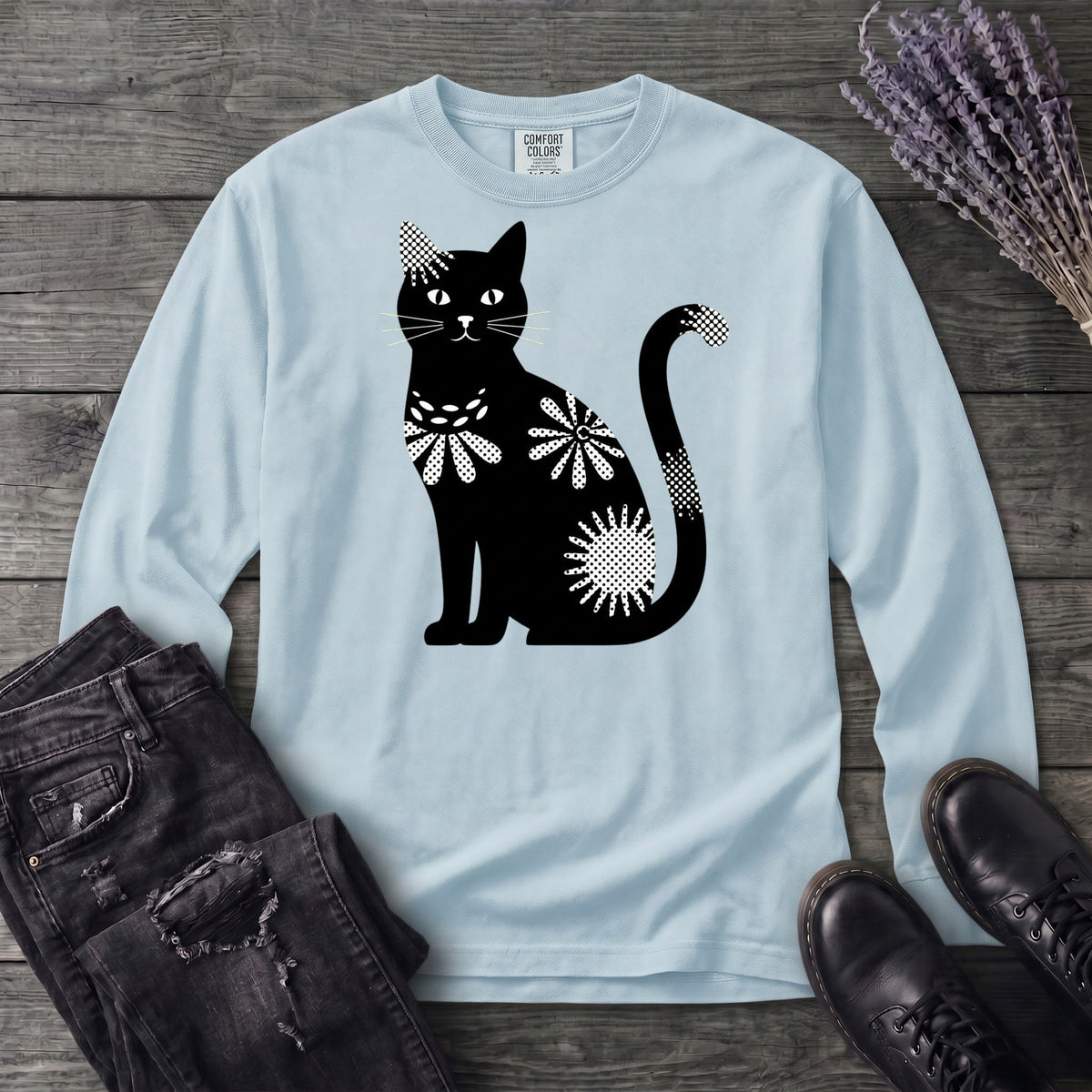 Retro Texture Black Cat Long Sleeve T-Shirt