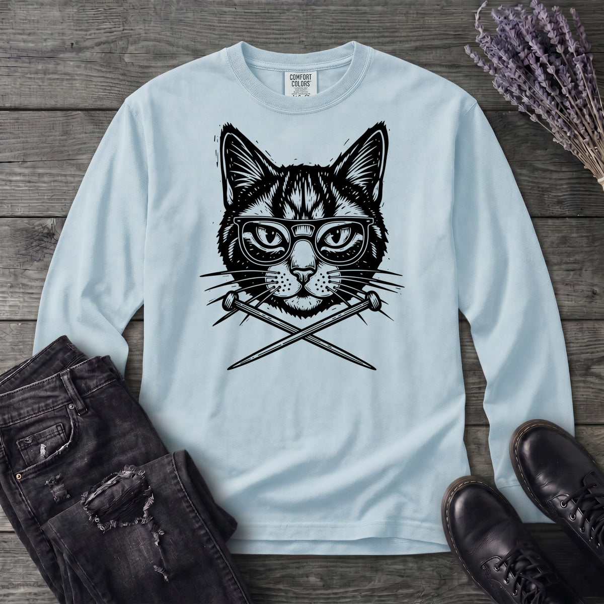 Cat Knitting Needles Long Sleeve T-Shirt