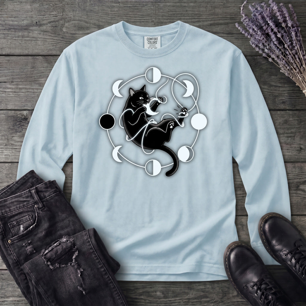 black cat pouncing on moon phases Long Sleeve T-Shirt