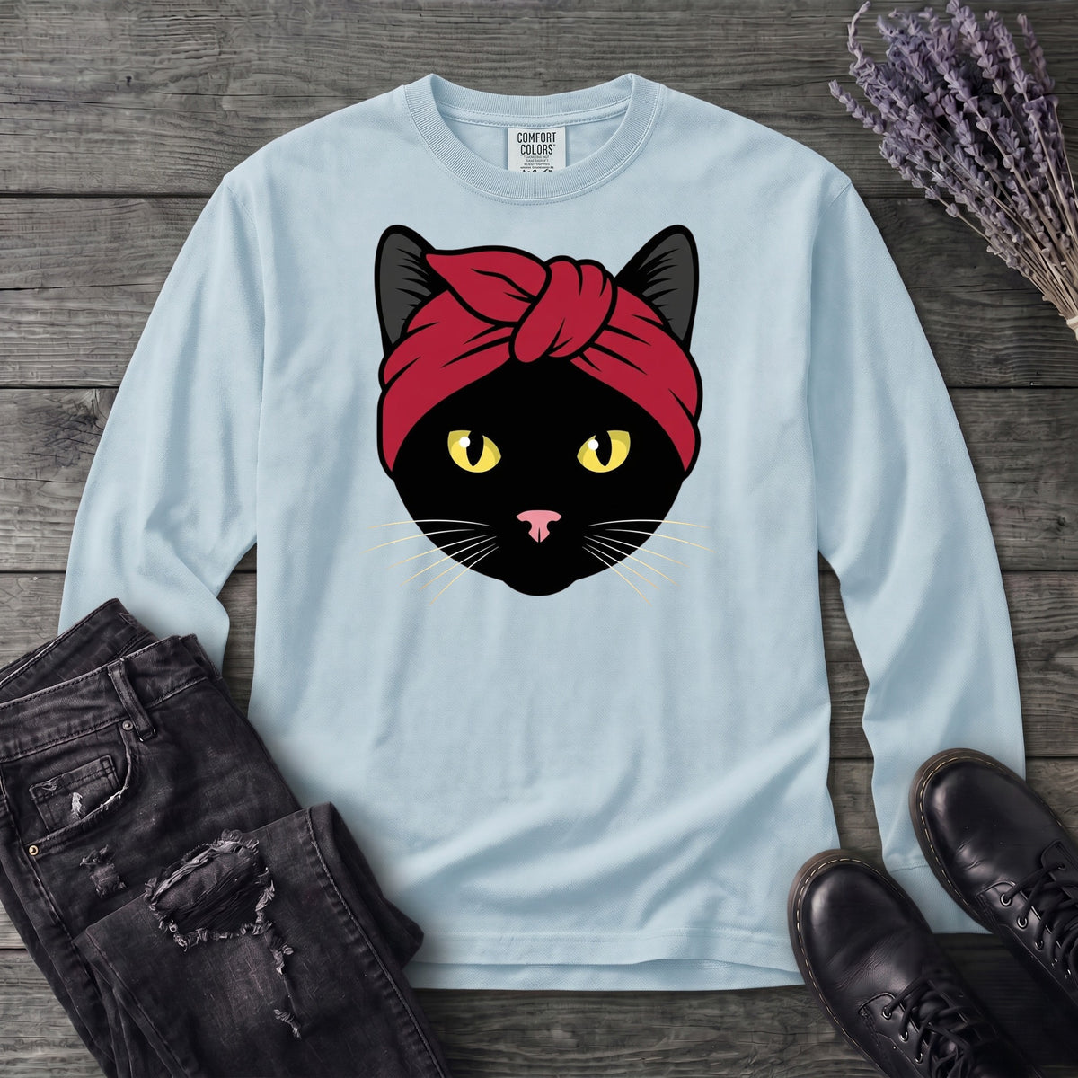 Black Cat Headband Long Sleeve T-Shirt