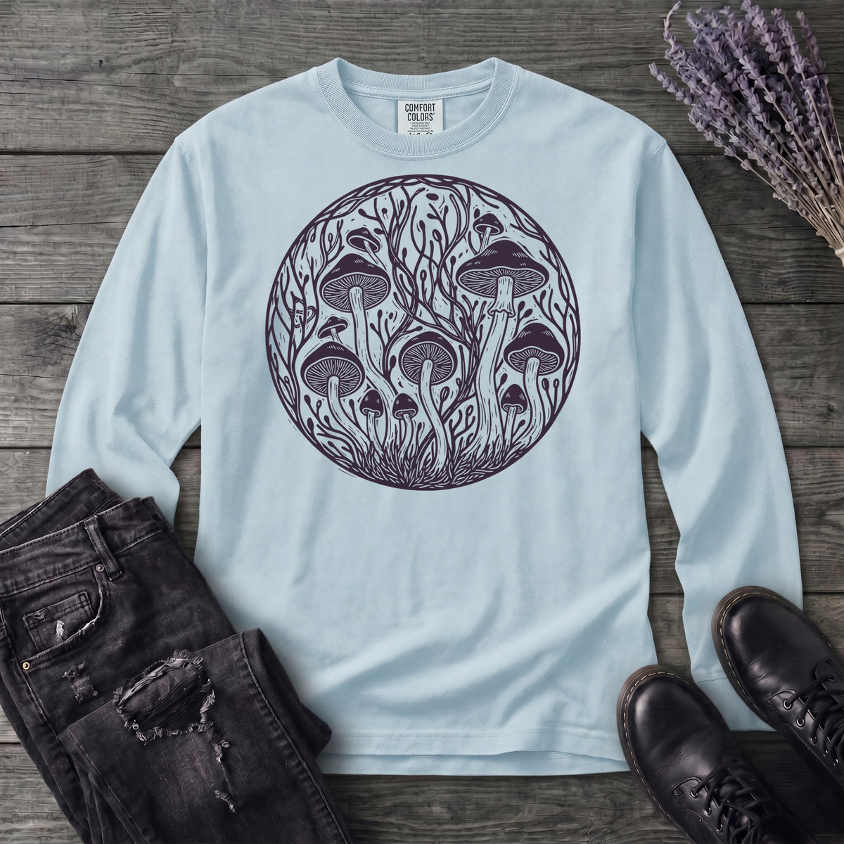 Linocut Mushroom Circle Long Sleeve T-Shirt