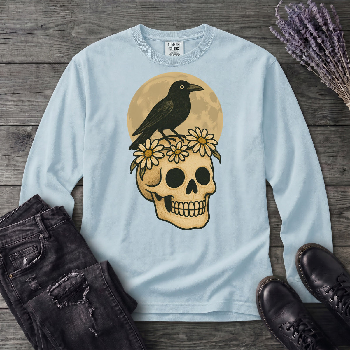 Crow On Skull Long Sleeve T-Shirt