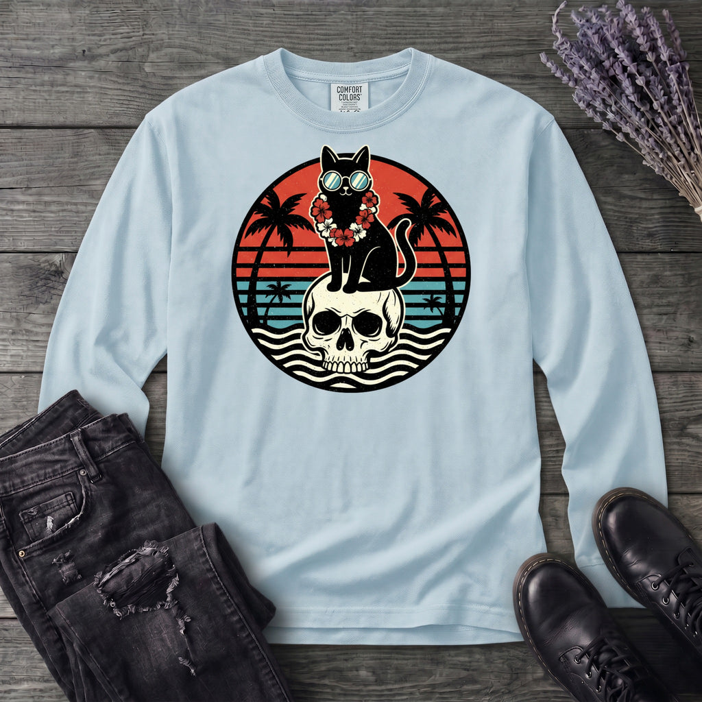 Tropical Cat and Skull Long Sleeve T-Shirt