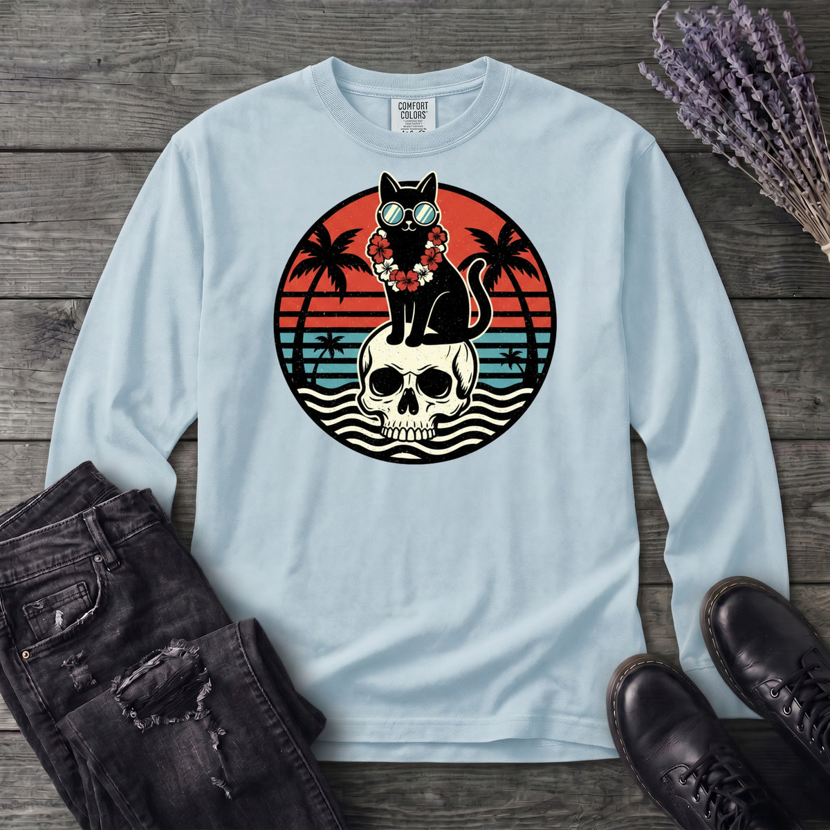 Tropical Cat and Skull Long Sleeve T-Shirt