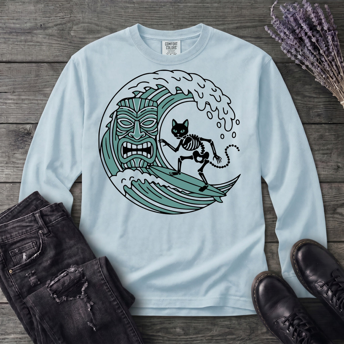 Surfing Cat Skeleton Long Sleeve T-Shirt