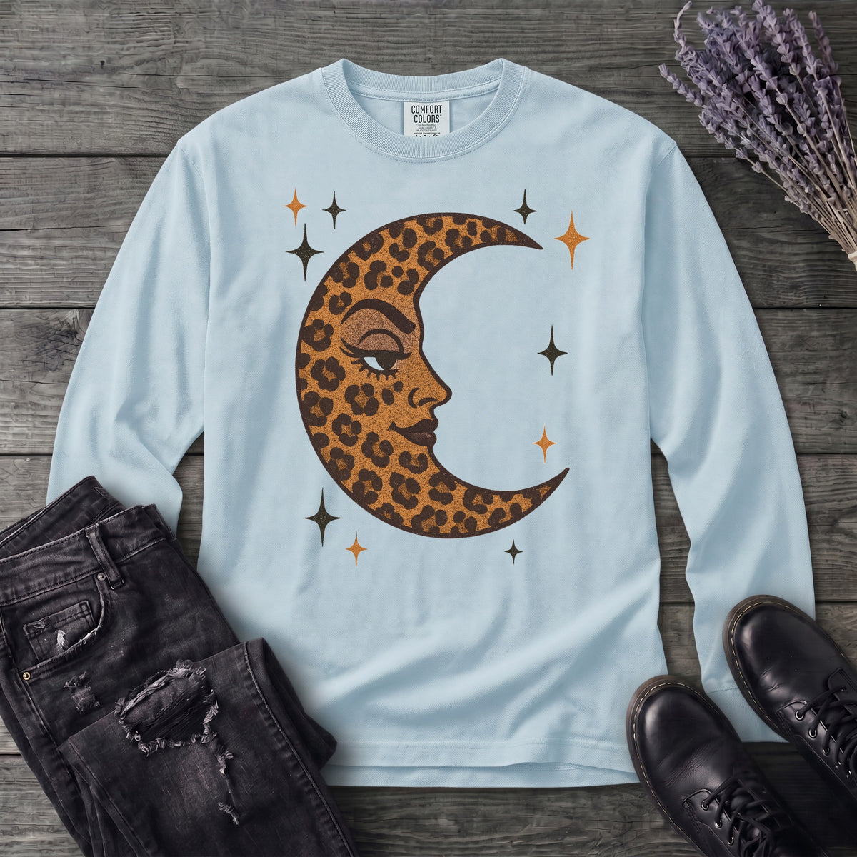 Leopard Print Crescent Moon Long Sleeve T-Shirt
