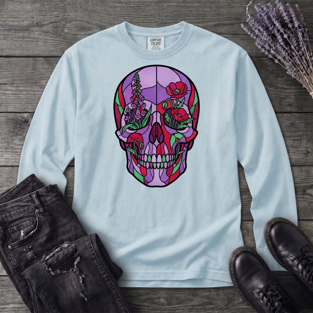 botanical stained glass skull Long Sleeve T-Shirt