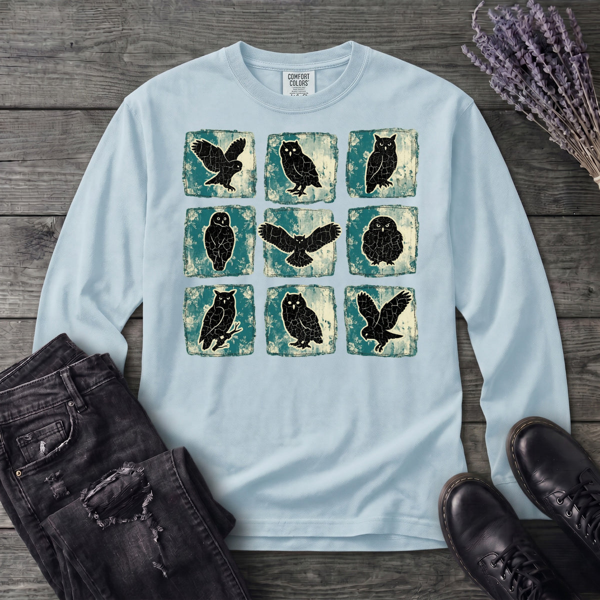 Grunge Owl Grid Long Sleeve T-Shirt