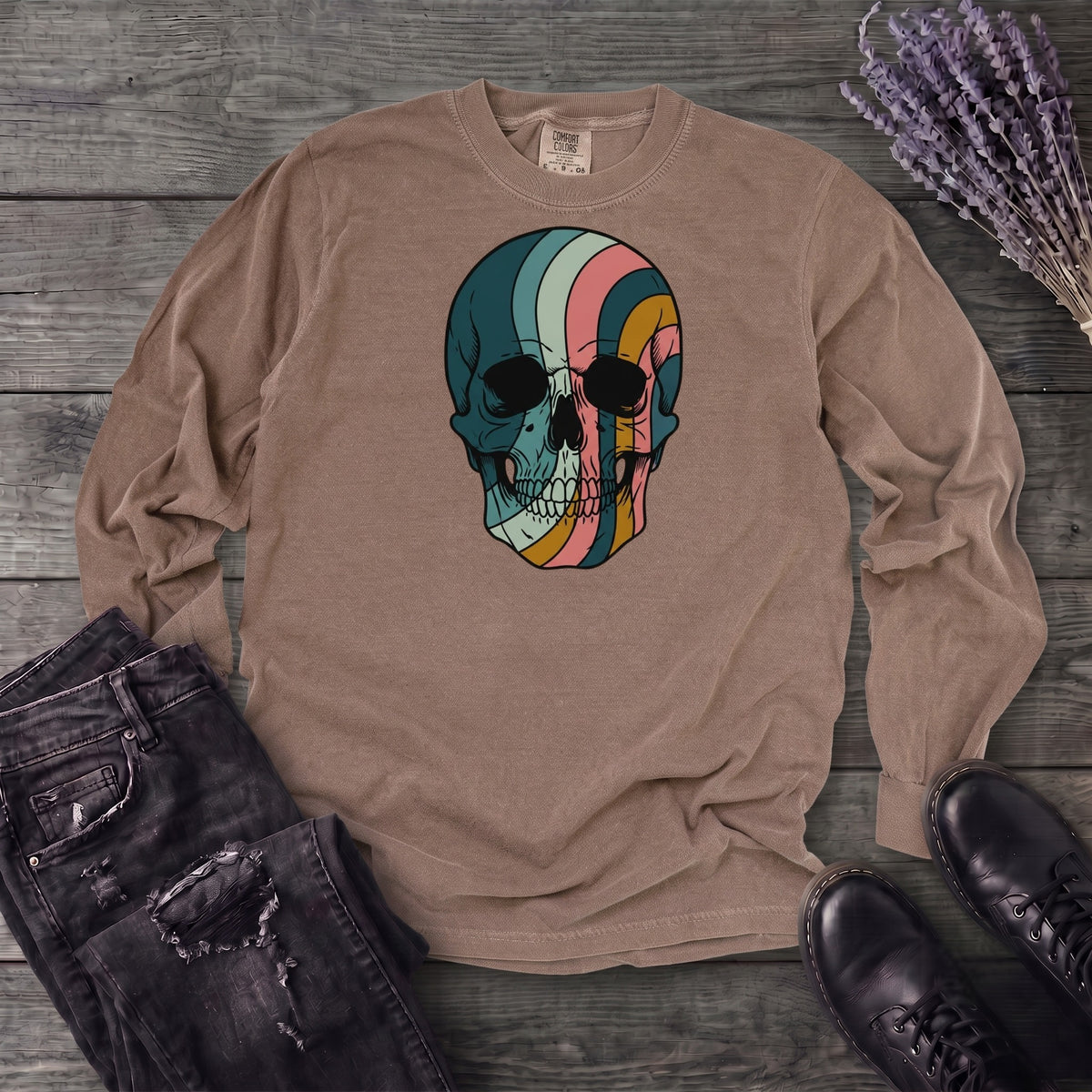 Psychedelic Striped Skull Long Sleeve T-Shirt