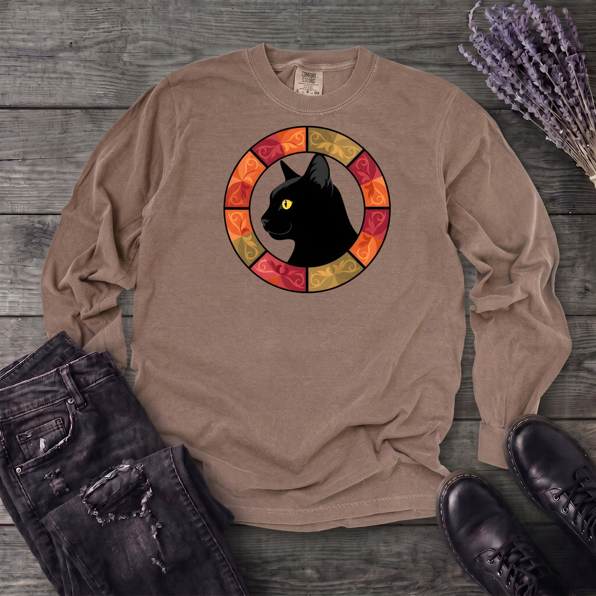 Black Cat Autumn Medallion Long Sleeve T-Shirt