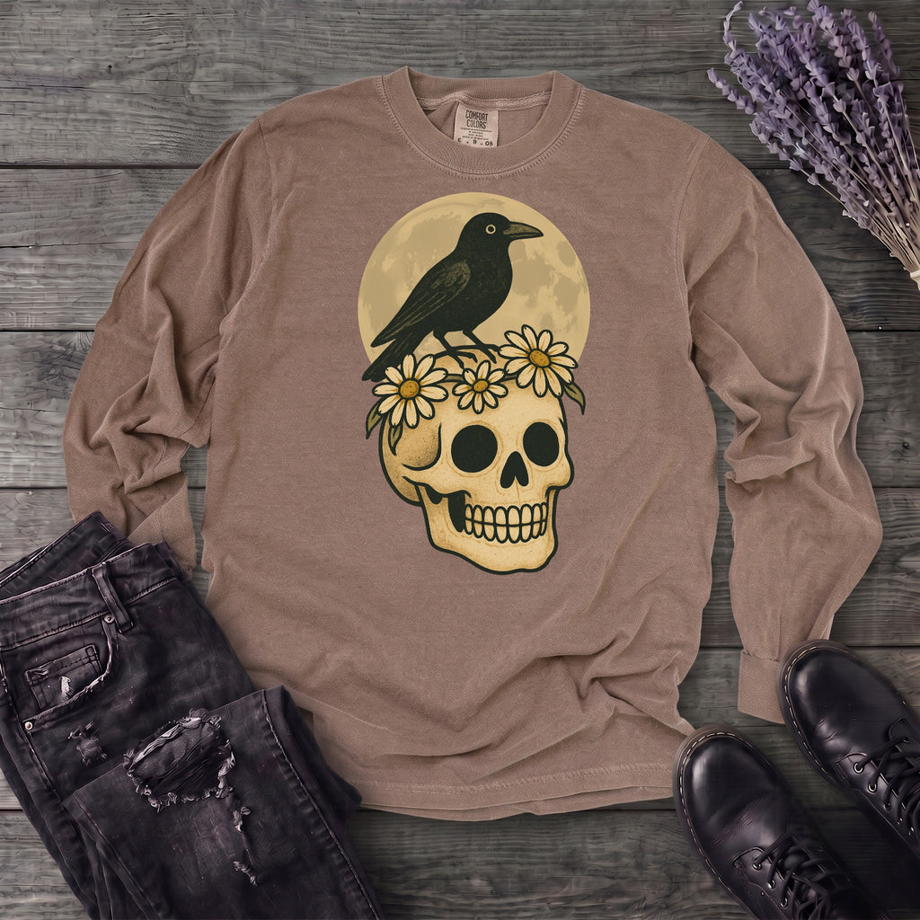 Crow On Skull Long Sleeve T-Shirt