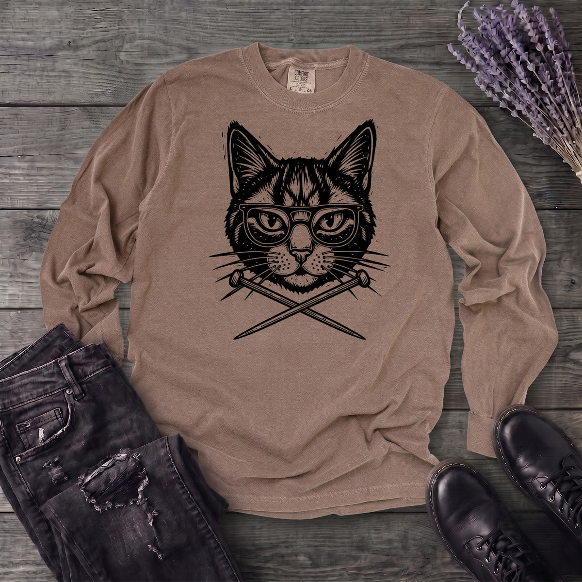 Cat Knitting Needles Long Sleeve T-Shirt