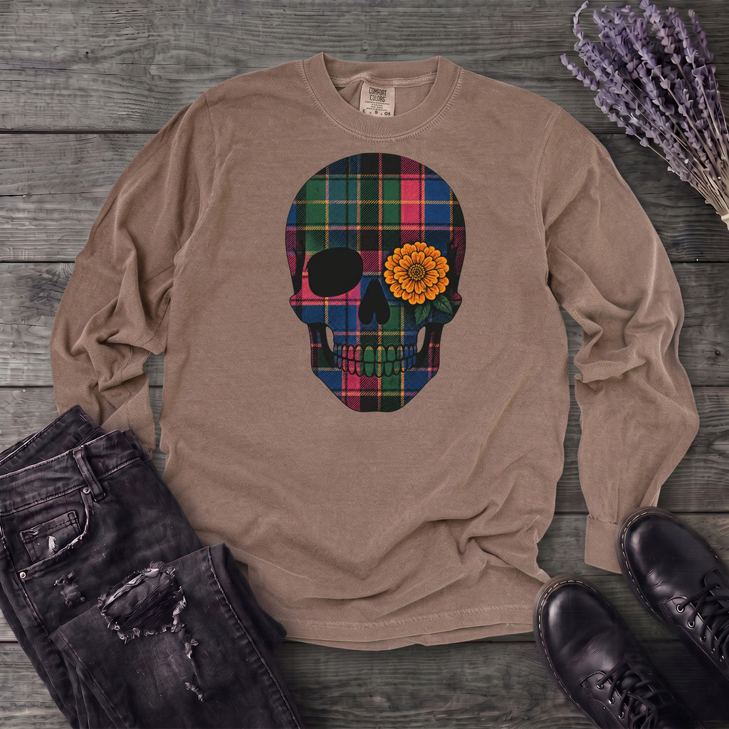 Bright Plaid Skull Long Sleeve T-Shirt