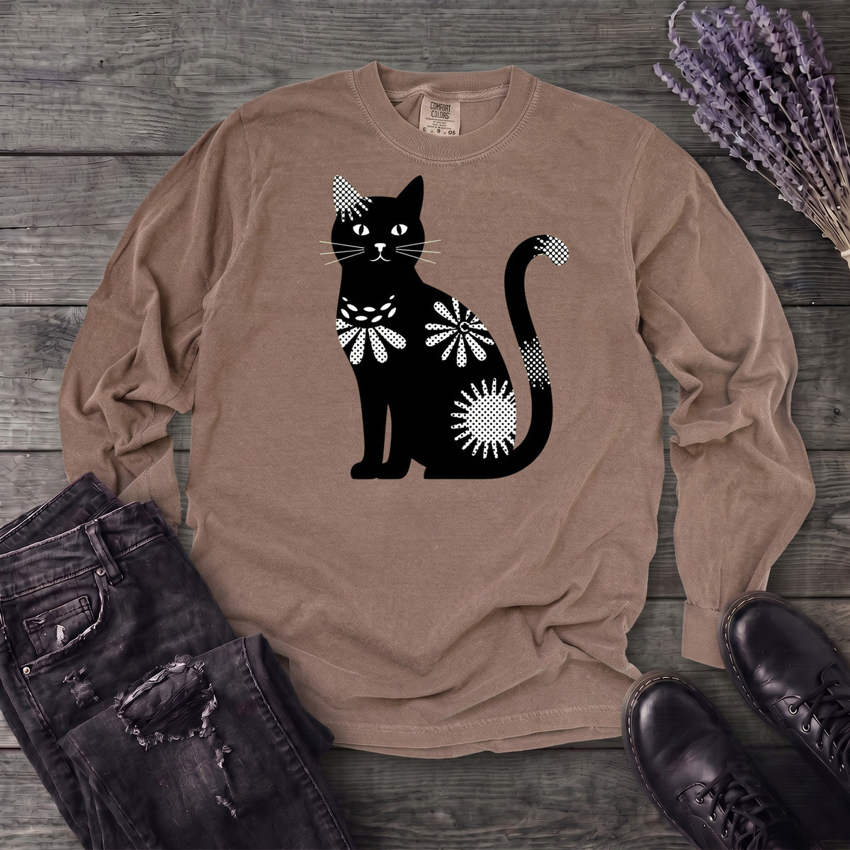 Retro Texture Black Cat Long Sleeve T-Shirt