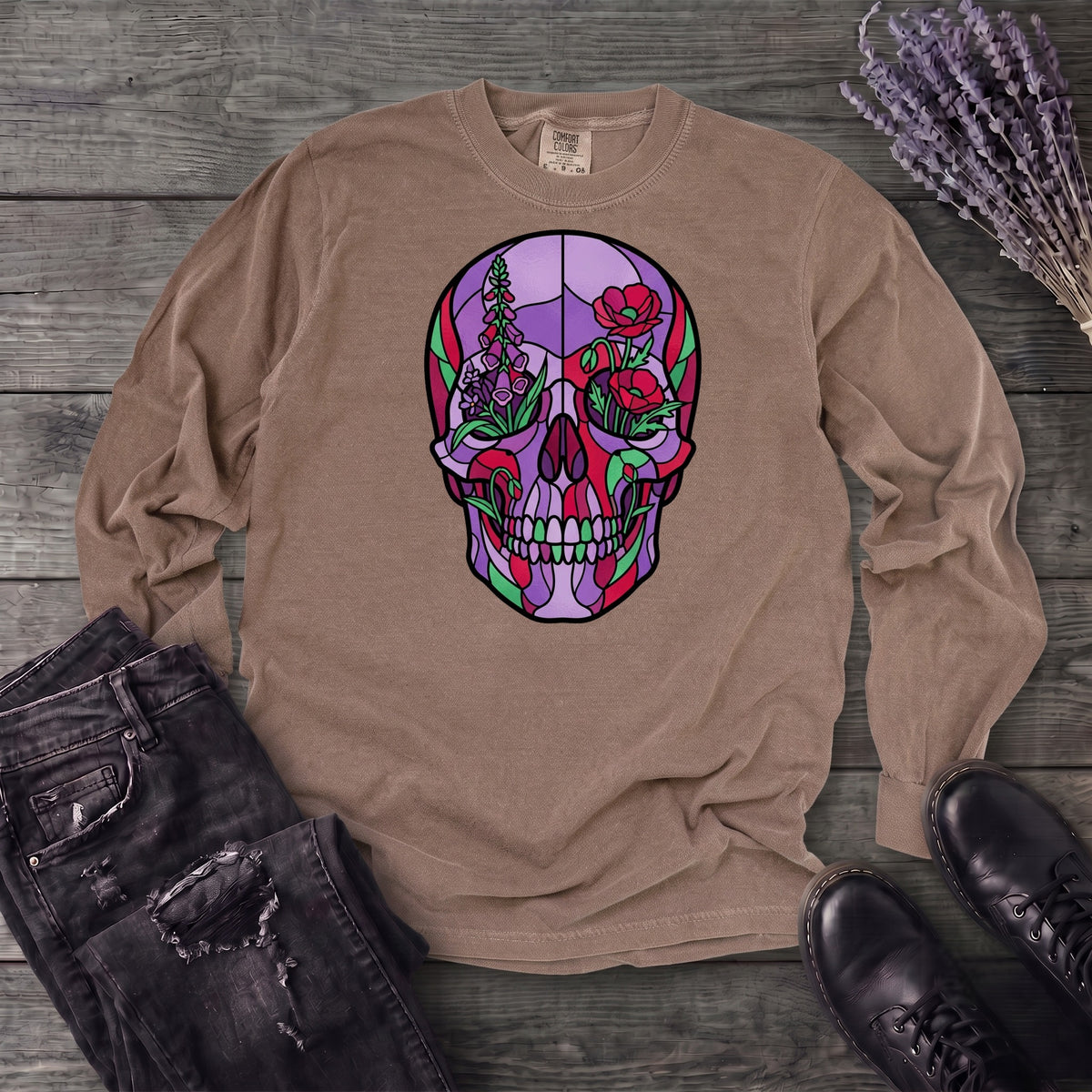 botanical stained glass skull Long Sleeve T-Shirt