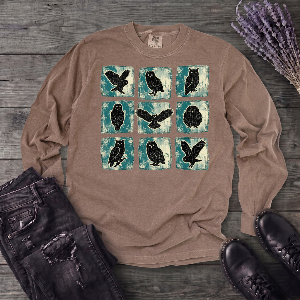 Grunge Owl Grid Long Sleeve T-Shirt