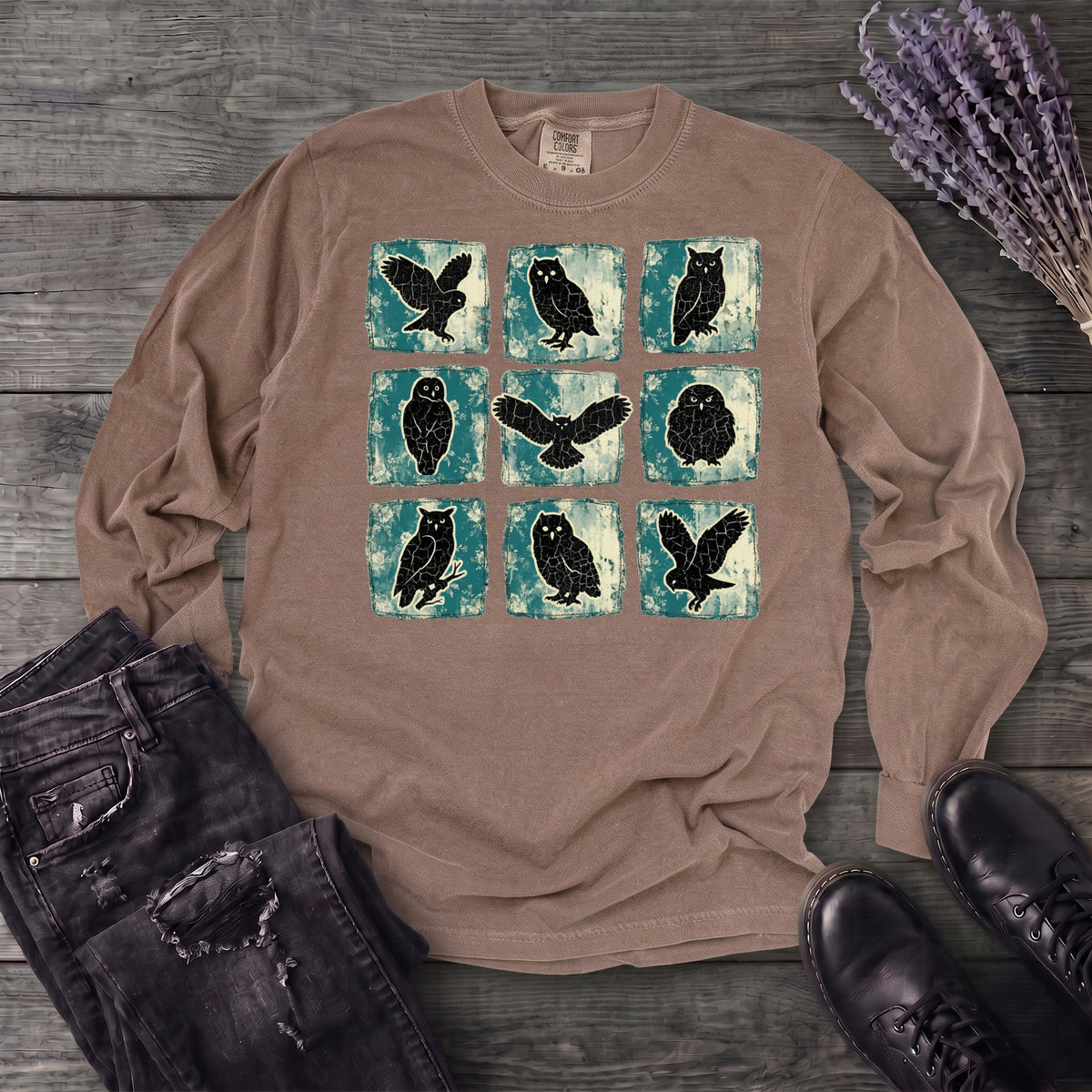 Grunge Owl Grid Long Sleeve T-Shirt