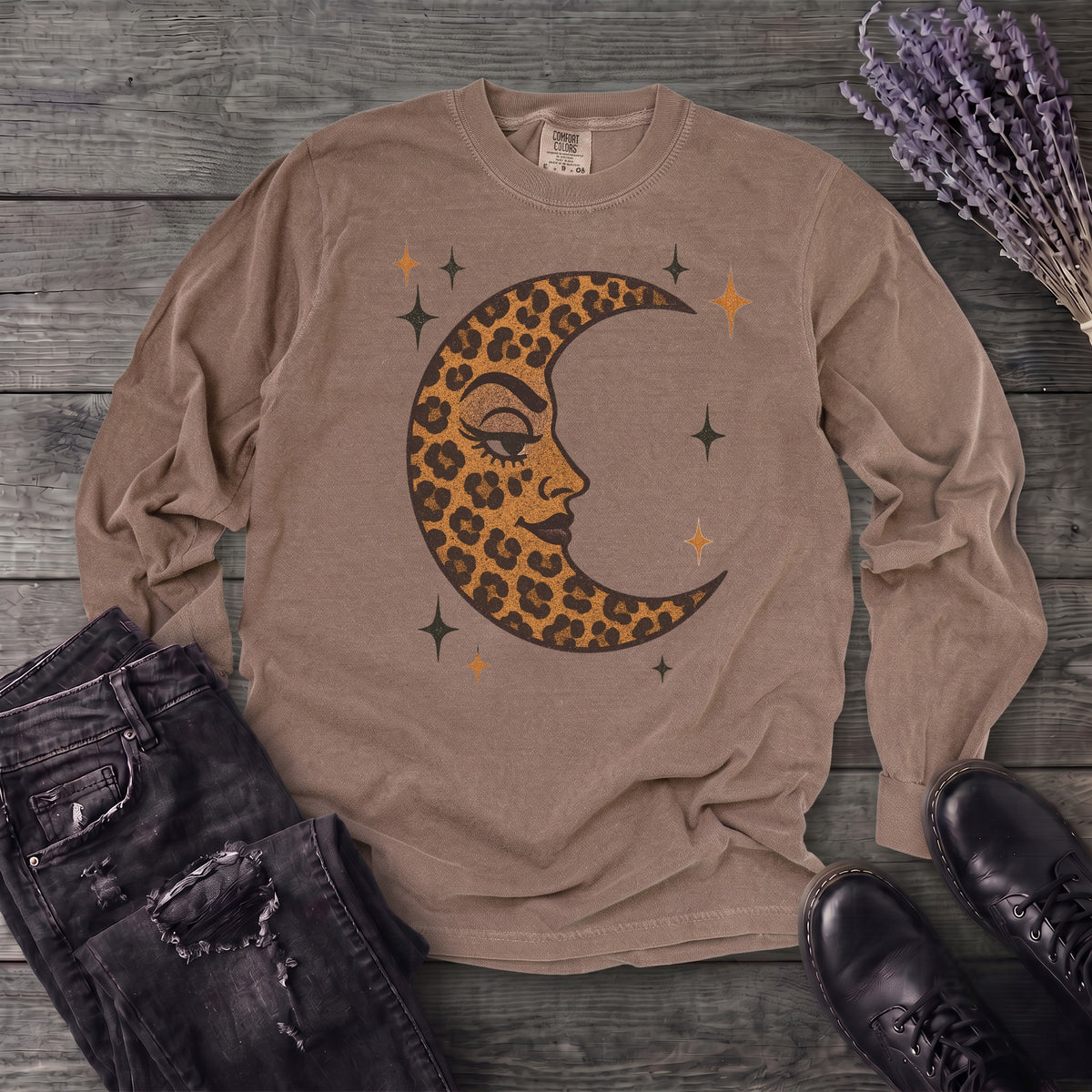 Leopard Print Crescent Moon Long Sleeve T-Shirt
