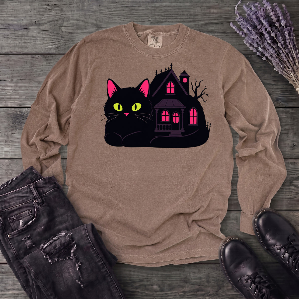 Black Cat Haunted House Long Sleeve T-Shirt