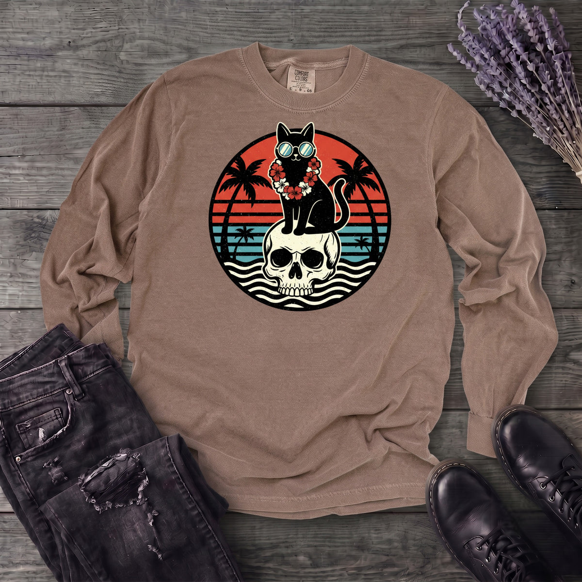 Tropical Cat and Skull Long Sleeve T-Shirt