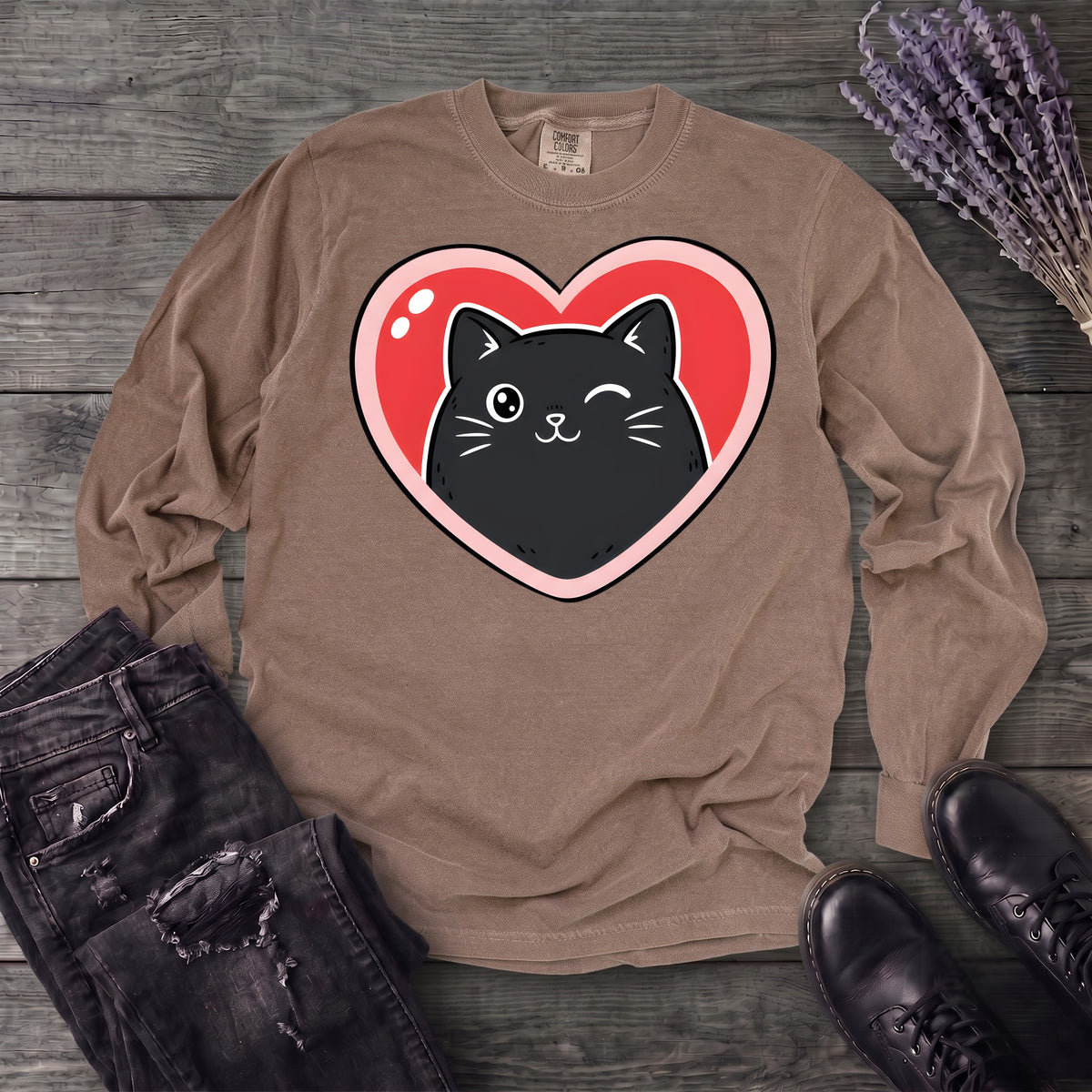 Winking Black Cat Heart Long Sleeve T-Shirt