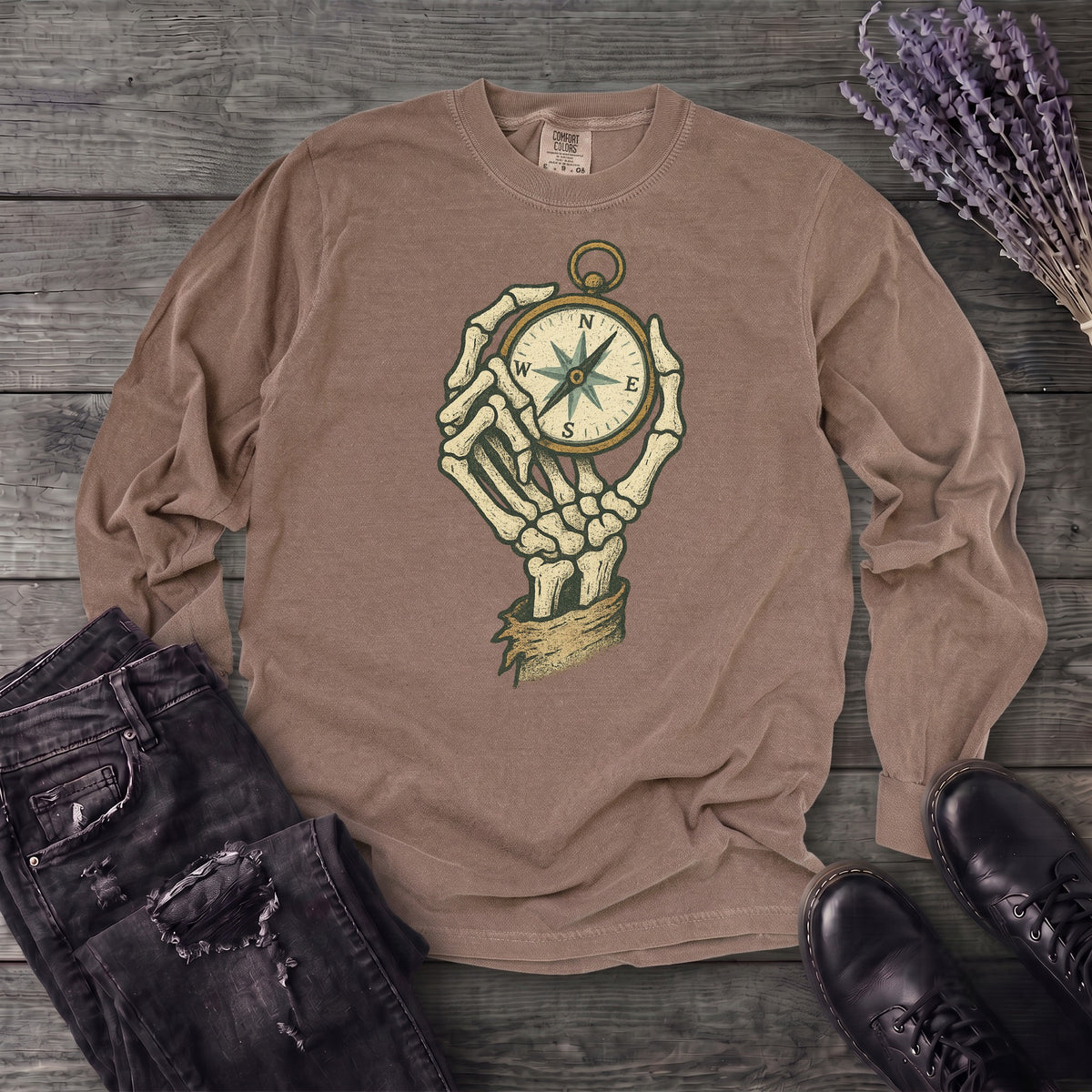 Nautical Compass Skeleton Hand Long Sleeve T-Shirt